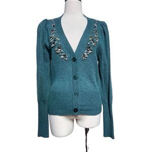Express Sexy long Sleeve Green Holiday Cardigan Sweater With Rhinestones Small